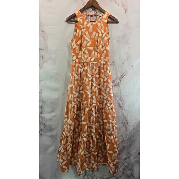 & Other Stories Dress Womens 4 Small Orange Pineapple Midi Maxi Poplin Paris